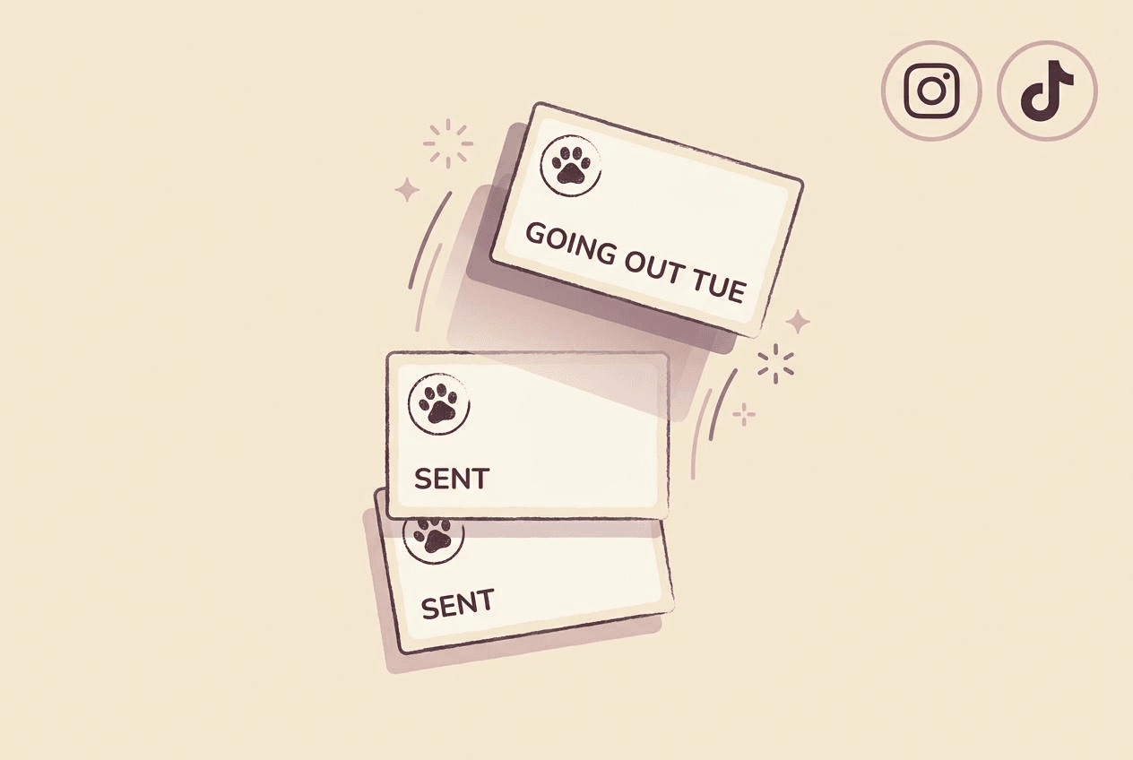 PostPaw cards showing a post going out Tuesday and earlier posts marked sent, with Instagram and TikTok icons